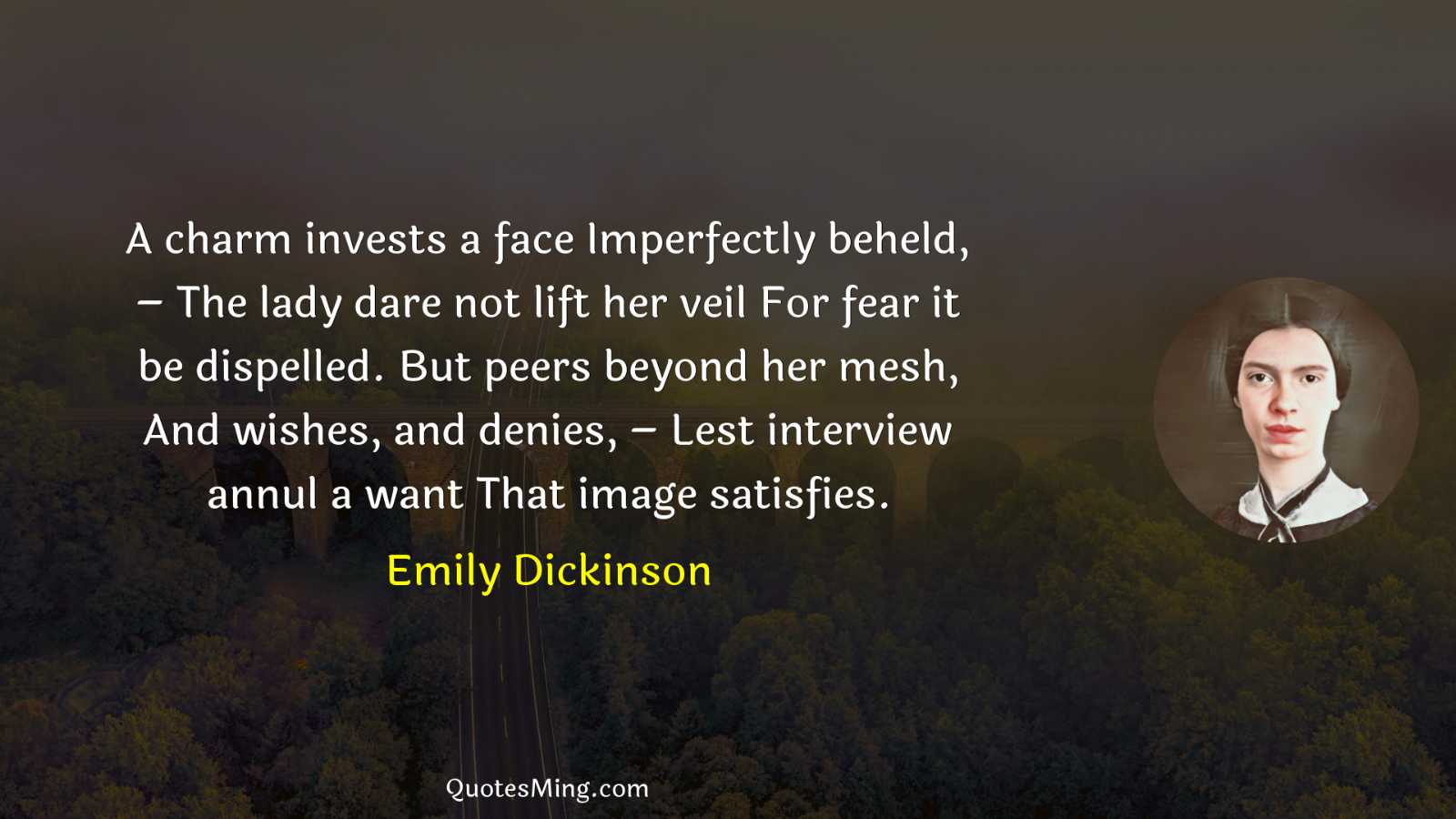 A charm invests a face Imperfectly beheld – The lady