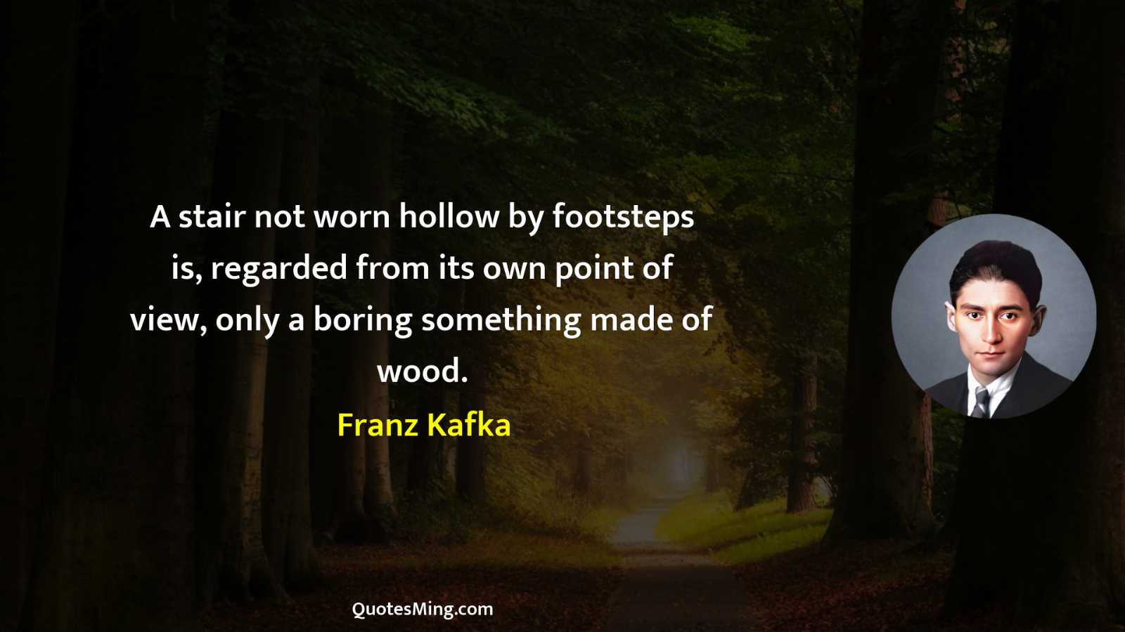 A stair not worn hollow by footsteps is regarded from