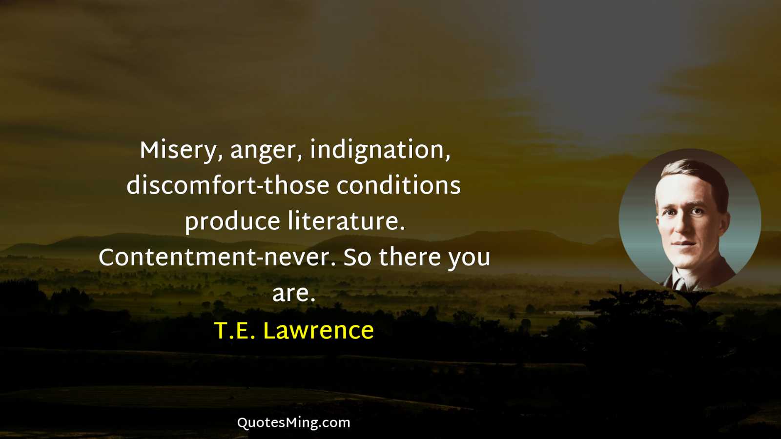 Misery anger indignation discomfort-those conditions produce literature Contentment-never So there